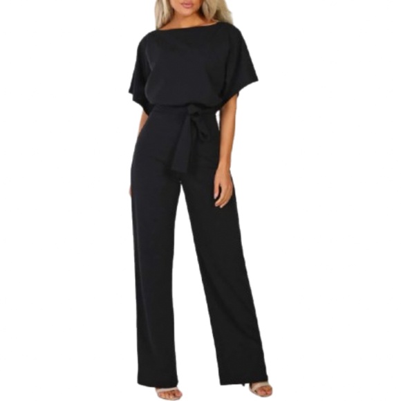Women’s Short Sleeve Belted Wide Leg Romper Jumpsuit - Picture 1 of 5